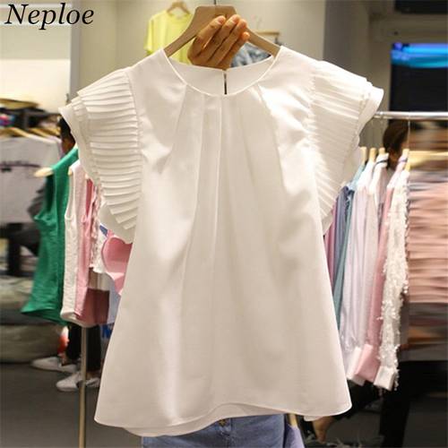 Neploe Solid White Black Women Blouse O-neck Short Sleeve blusas Pleated Female Tops Korean Fahion Loose Casual Shirts 67747