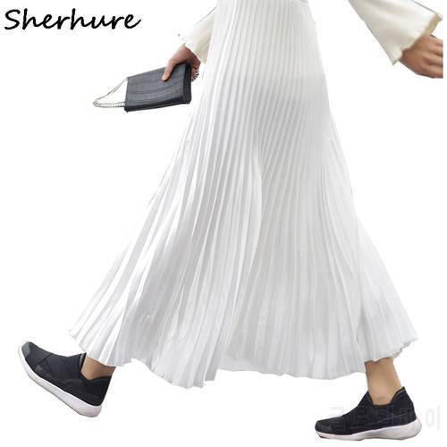 2020 Women Spring Long Pleated Skirt High Waist Women White Long Skirt Female Autumn High Quality Vintage Women Maxi Skirt Saia