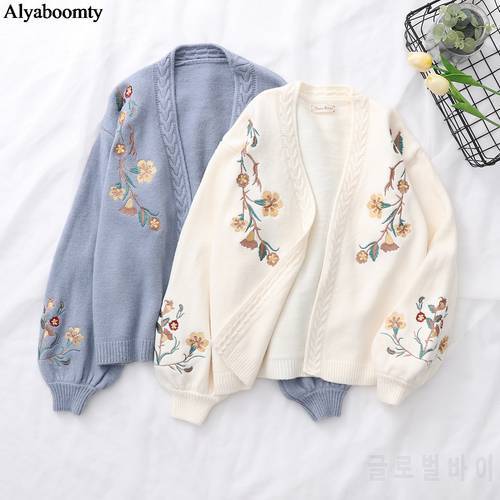 Japanese Mori Girl Autumn Winter Women Sweater V Neck Beige Blue Knitted Cardigan Elegant Floral Embroidery Warm Sweet Outerwear