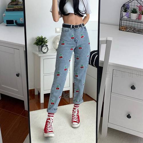 New Spring high street Women jeans fashion Embroidered Cherry Denim pants y2k vintage High Waist Casual Straight-leg trousers
