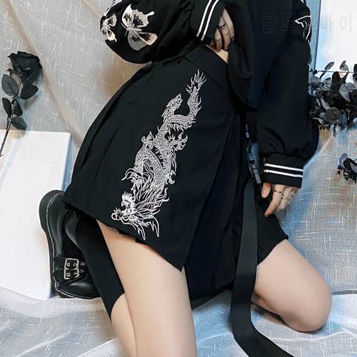 Ruibbit New Women Black Harajuku Dragon Pattern Retro Embroidery Irregular Pleated Skirt summer Fashion Button A-line Mini Skirt