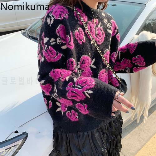 Nomikuma 2020 Autumn Winter Pull Femme Vintage Hit Color Rose Jacquard Sweater Causal Long Sleeve O-neck Knitted Pullover 6C452
