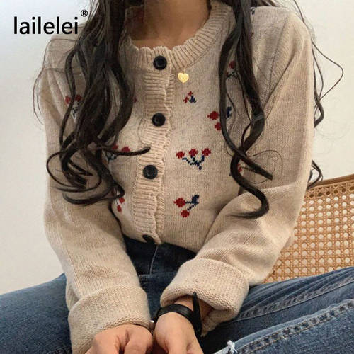 Floral Cropped Cardigan Button Gilet Femme Manche Longue Knitted Sweater Cashmere Women Harajuku Blusa Termica Cute Chunky Knit