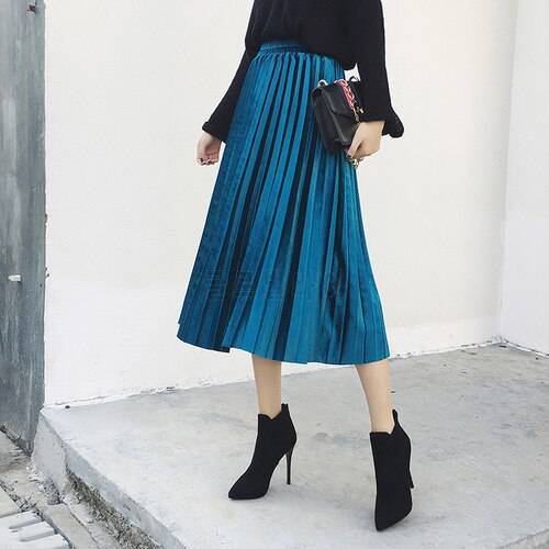 TingYiLi Blue Velvet Skirt Winter Maxi Skirt High Waist Pleated Women Skirt
