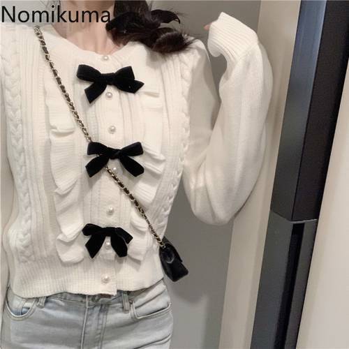 Nomikuma Korean Sweet Ruffle Bowknot Sweater Jacket 2020 Autumn Winter Short Knitted Coat Long Sleeve Women Slim Knitwear 6C782
