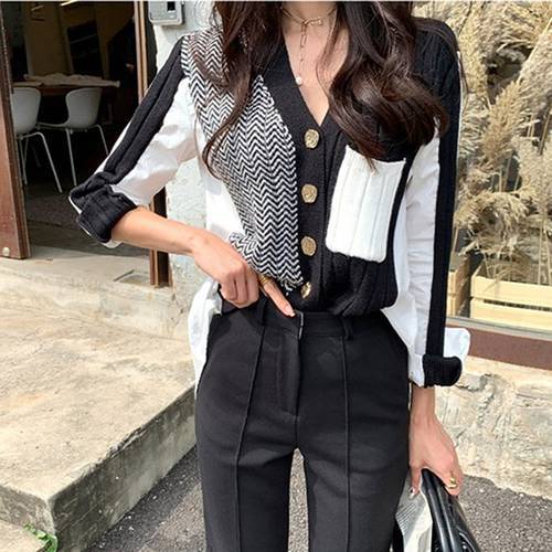 Patchwork Desigual Knitted Cardigan Cropped Sweater Gilet Femme Manche Longue Korean Style Women Oversized Lazy Oaf Fall 2020