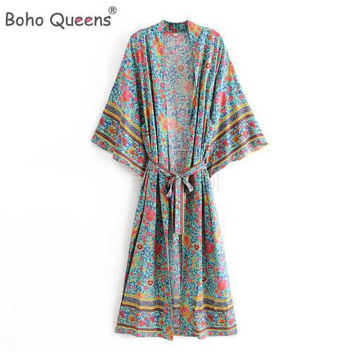 Boho Queens Women Green Floral Print Sashes Bohemian Kimono Ladies V Neck Batwing Sleeves Vintage Maxi Dress Robe