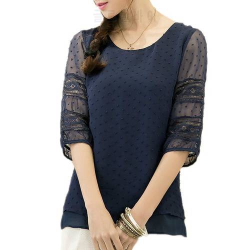 Womens Korea Fashion Blouses Half Sleeve Blusas Chiffon Shirts Lace Stitching Plus Size blouse S-5XL