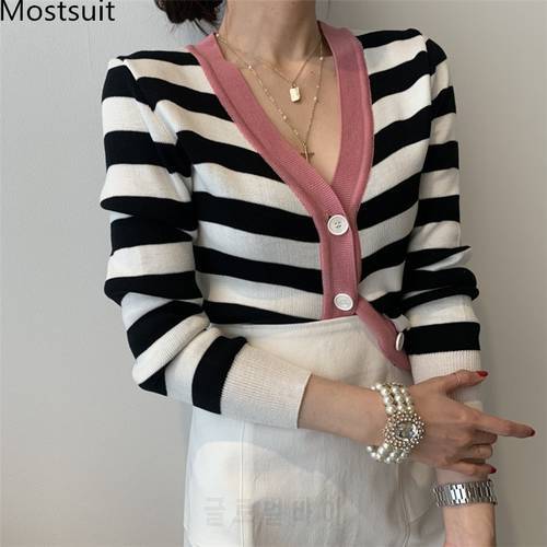 2022 Autumn Korean Striped Knitted Cardigans Sweaters Women Long Sleeve V-neck Single-breasted Vintage Elegant Ladies Tops Femme