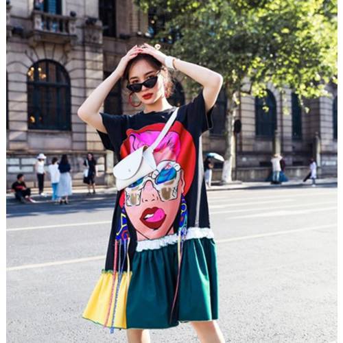 2021 new fashion Spring and Summer Oversized Streetwear Cotton Dress Self Portrait Dress Cartoon Knee-Length