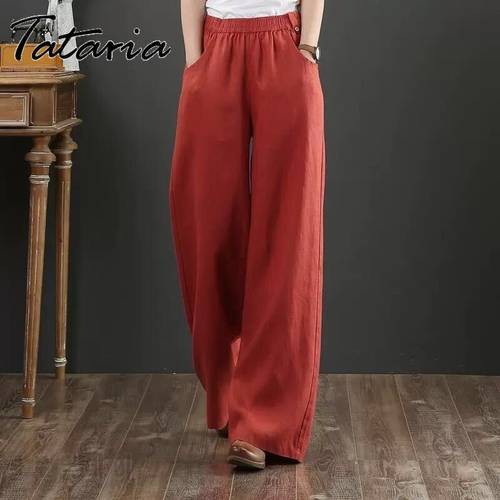 Women Cotton Linen Pants Casual Plus Size High Waisted Pants Orange Wide Leg Loose Trousers Female Gray Elegant Streetwear 2023