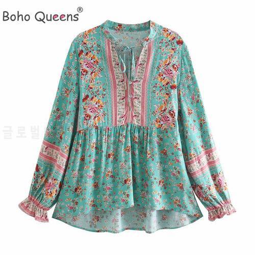 Boho Queens Women Tops Vintage Floral Print Tassel Loose Blouses Ladies Tie Neck Long Sleeve Beach Shirts Blusas Mujer