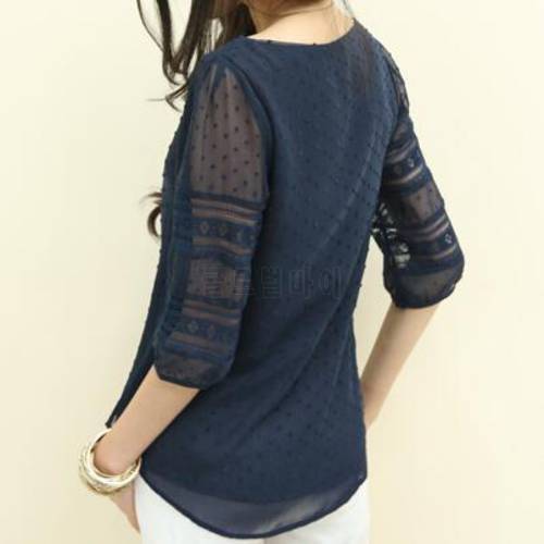 Womens Korea Style Fashion Sheer Blouses Half Sleeve Blusas Chiffon Shirts Lace Stitching Plus Size S-5XL