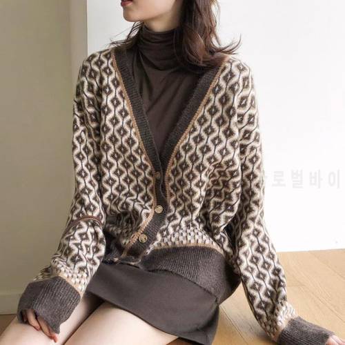 Autumn Sweater Coat Retro Shirt Check Long Sleeve Single Breasted Plaid Loose Knit Cardigan Tide Ladies korean crop Knitted