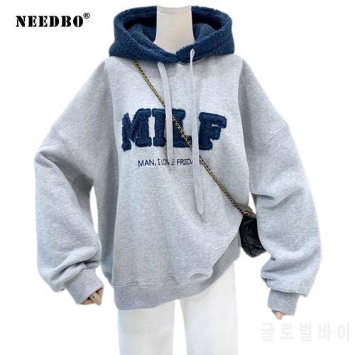 NEEDBO MILF Hoodies Women&39s Sweatshirts Letter Print Lamb Wool Pullovers Loose Korean Style Jacket Full Sleeve Casual Tops 2021