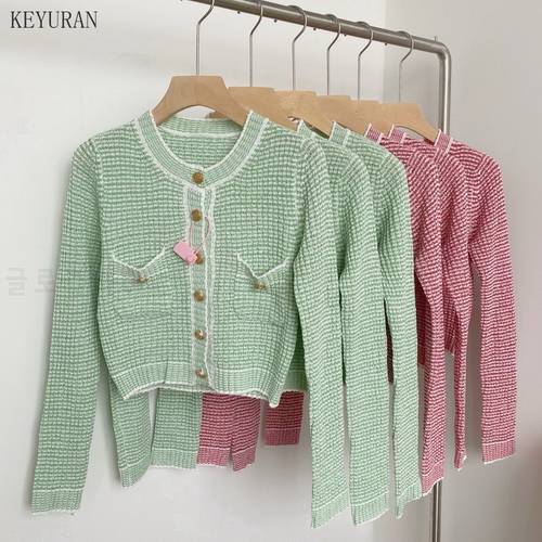 Fashion Sweet Short Design Knitted Cardigans Women 2021 New Spring O-neck Single Breasted Stripes Sweater Cropped Casual Jumper