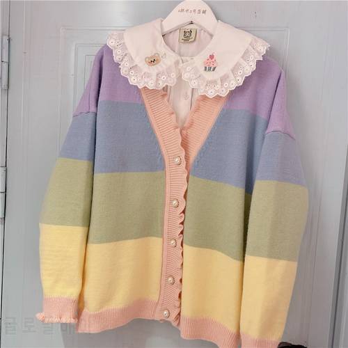 2022 Mori Girl Spring Autumn Women Sweater V Neck Striped Knitted Pastel Outerwear Cute Kawaii Loose Knitted Rainbow Cardigan