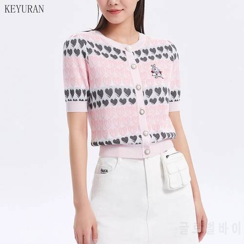 2022 Spring Summer Crop Cardigan Sweater Women Pink Cartoon Embroidery Knitwear Heart Jacquard Knitted Short Cardigans Tops