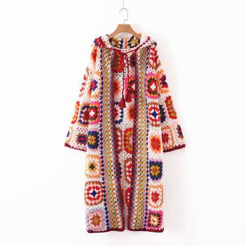 2020 Autumn New Handmade Crochet Hooded Full Print National Style Jacquard Long Women Sweaters Cardigan