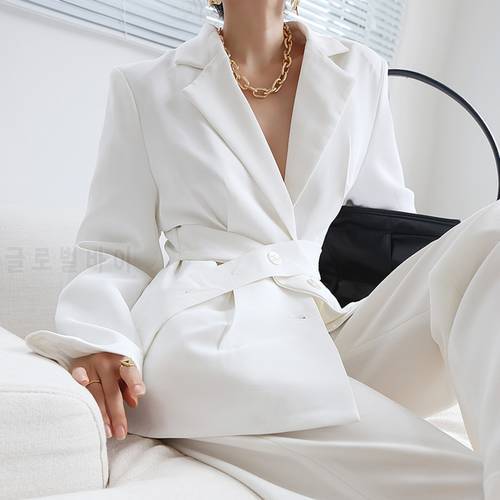 [EWQ] High Quality Fashion Ladies Office Suits Trend Coat Feminino Women White Blazer Detachable Cummerbund Tunic 2023 Spring