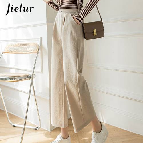 Jielur Fashion New Wide Leg Pants Women Cotton Linen High Waist Pants Solid Color Pockets Black Khaki Trousers S-XXL Spring