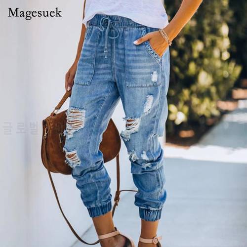 Vintage Elastic Waist Jeans High Waist Jeans Slim Hole Loose Jeans Skinny Jeans for Women Pencil Pant Full Length Jeans 16227