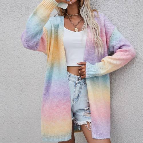 Autumn vintage cardigans winter new women&39s sweater 2022 new pockets rainbow tie-dye mid-length cardigan knitted sweater jacket