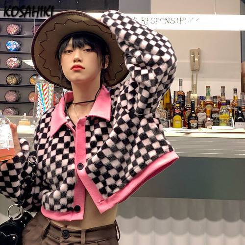 KOSAHIKI Autumn New Cropped Cardigan Women Harajuku Checkerboard Contrast Color Streetwear 2023 Korean Chic Fashion Outwear