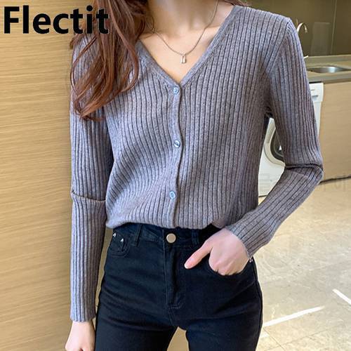 Flectit Women Rib Knit Top With Long Sleeve V-Neck Button Up Sweater Cropped Cardigan Spring Autumn