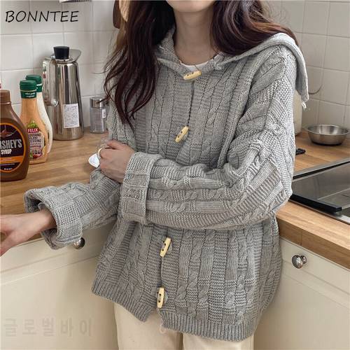 Cardigan Women Hooded Twisted Knitted Sweater Drop-shoulder Retro Autumn Slouchy Outerwear Vintage Female Popular Harajuku Daily