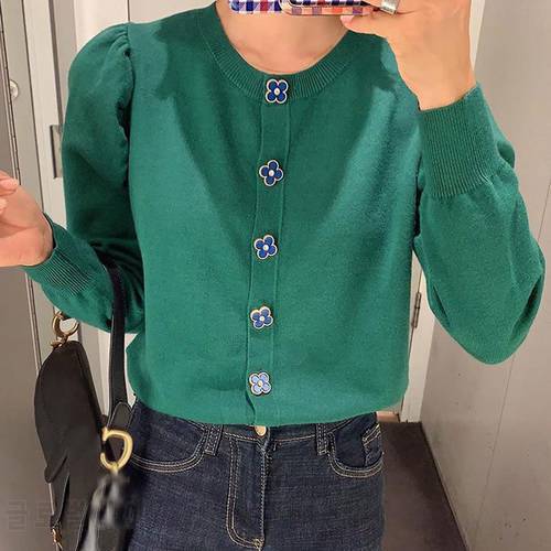 Chic Button Puff Sleeve Knitted Sweater Korean Style women Pullover Femme Longue Tricot Crop Autumn Harajuku Black Jumper Green