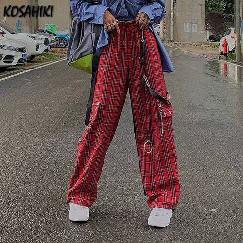 KOSAHIKI Harajuku Loose Plaid Pants Streetwear Wide Leg Pants Korean Trousers Baggy Ladies Pants Women Jogger Trouser Hip Hop