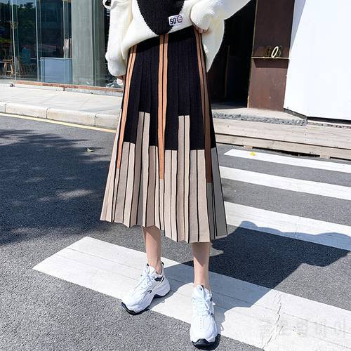 Thick striped knitted skirt women&39s autumn and winter 2021 new fashion color matching elegant A-line high waist pleated skirt