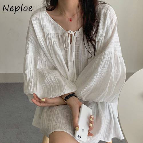 Neploe Loose Lantern Sleeve Femme Blouse Fashion Chic Retro V-neck Shirt Women 2023 New Loose Casual Solid Color Blusas 1F581