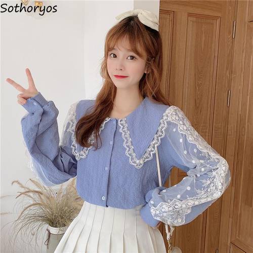 Blouses Shirts Women Peter Pan Collar Lace Patchwork Sweet Elegant Lantern Sleeve Korean Style Autumn Students Vintage Fashion