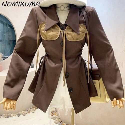 Nomikuma 2021 Autumn Suit Jacket Ribbon Hit Color Patchwork Women Blazers Korean Drawstring Slim Waist Hollow-out Balzer Coat