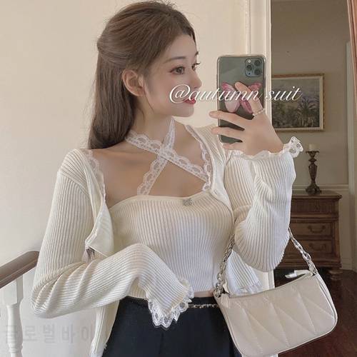 Knitted Cardigan Tops Women&39s Autumn And Winter 2022 New Black Lace Western Style Short Slim Long-sleeved Sweater Jacket