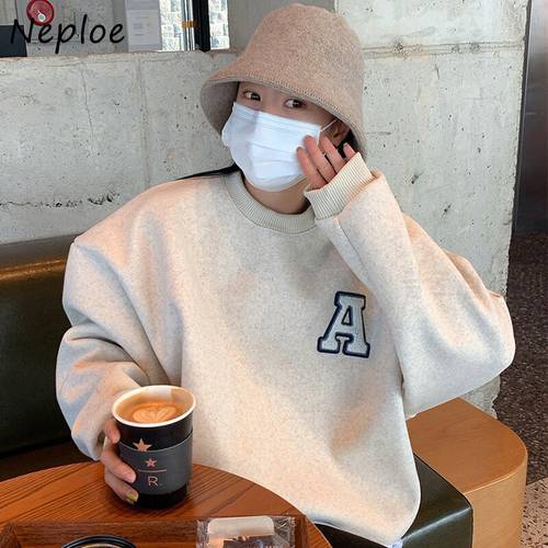Neploe Autumn New Leisure All-match Loose Sweatshirt Female Letter Patch Design Thicken Warm Women Hoodies Long-sleeve Pullover