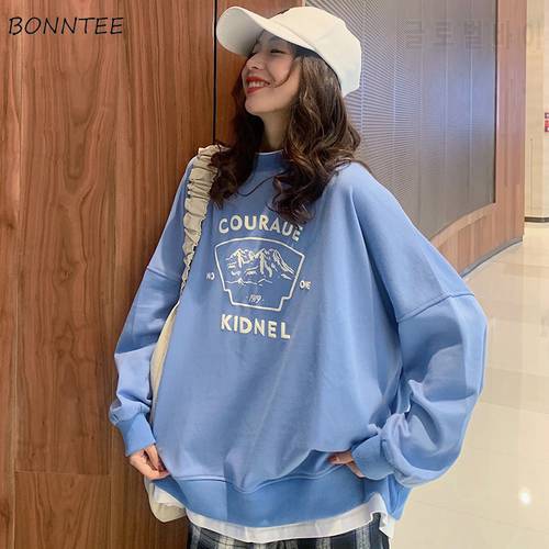 Fake Two Sweatshirts Women College BF Long-sleeve Korean Ins Print Loose Sweet Soft All-match Casual for Lady New Clothes Tender