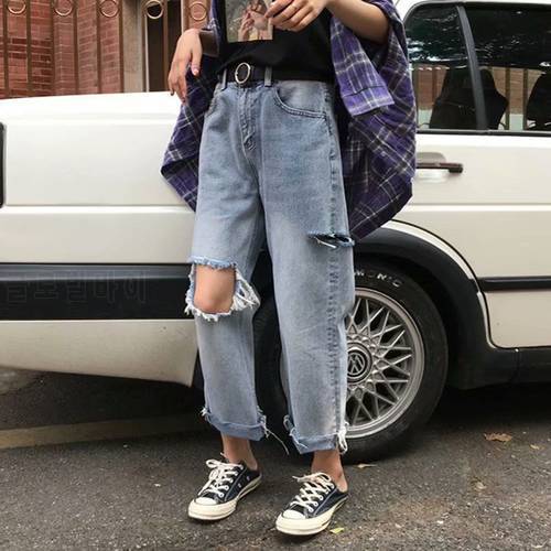 Carrot pants straight high street torn hole jeans women&39s high waist women&39s casual loose oversized hole large size daddy pants
