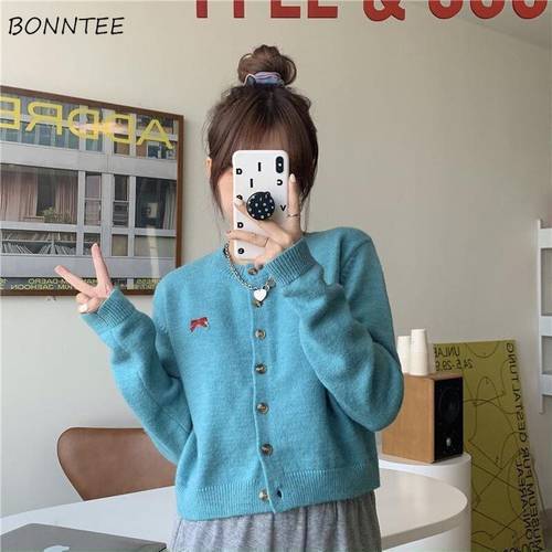 Cardigan Women Lovely Short O-neck Sweet Maiden Solid Clothing Female Mini-embroidery Single Breasted Ulzzang Popular Street Ins