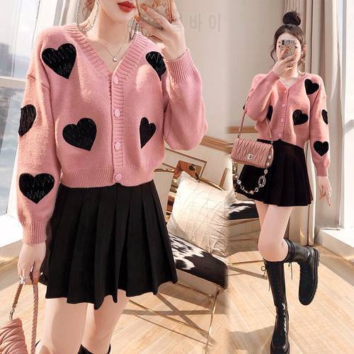 Sweet Style Heart-shaped V-neck Cropped Cardigan Loose Long Sleeve Pink Knitted Sweater for Women Korean Fashion Clothing Winter