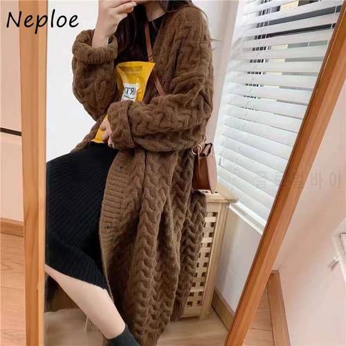 Neploe Loose Mid-length Outer Wear Sweater Coat Female Casual Long Sleeve Knitted Cardigans Women Solid Color Knitted Tops Mujer