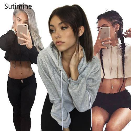 2021 New Solid Color Cropped Short Long-sleeved Sports Thin Sweatshirt with Drawstring Hoodie Women Top Croped Women&39s Clothing