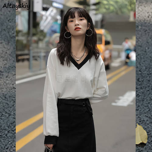 Sweatshirts Women Harajuku Chic Fall Long Sleeve Simple Patchwork Simple Ladies Cropped Clothing All-match Teens Streetwear BF