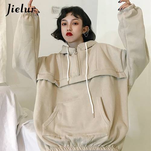 Jielur Thick Velvet Hoodies Female Korean Fashion Street Hooded Gray Women&39s Sweatshirt Loose Street Zipper Winter Tracksuit