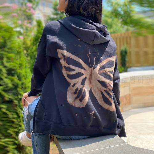 Women Oversize Butterfly Print Hoodies Autumn Streetwear Black Sweatshirt Harajuku Zip Up Female Street Hooded Jacket Coat
