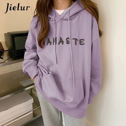 Jielur Korean Winter New Fleece Hoodies Women Purple White Letter Embroidered Loose Hoodie Thick Female Sweatshirt M-XXL Size