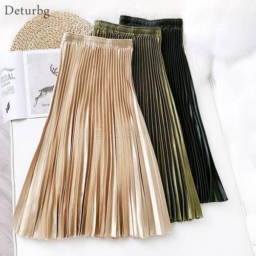 Women&39s Vintage Pleated Midi Long Satin Skirt Korean Female High Waist Metal Color Black A-line Skirts Faldas 2020 Autumn SK605