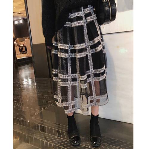 MISHOW 2019 autumn plaid pleated skirt women causal elastic waist mesh Mid-length black skirt MX18D1879